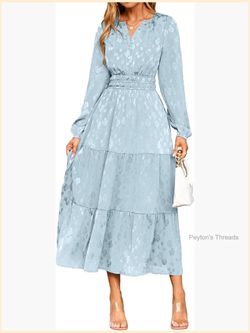 Womens Casual Long Sleeve V-Neck Maxi Floral Jacquard Dress with Tie Back